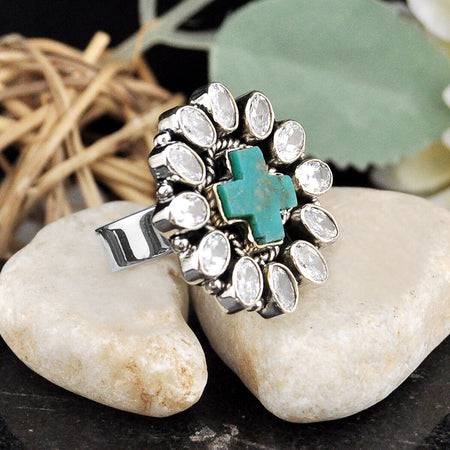 17.54cts Blue Turquoise Crystal 925 Silver Cross Ring Jewelry Size 6.5 4663
