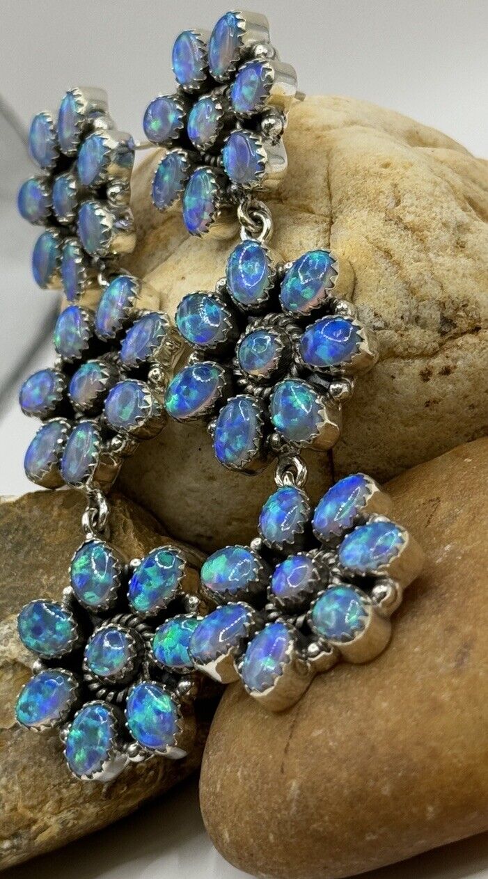 Statement Blue Aurora Opal Flower Cluster Dangle Earrings 925 Sterling Silver