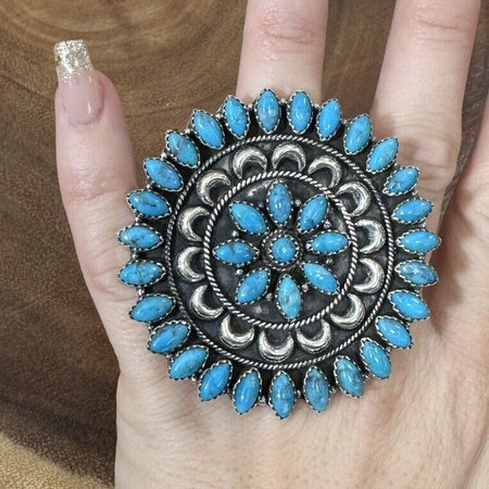 Statement Cluster Ring Turquoise 925 Sterling Silver Adjustable