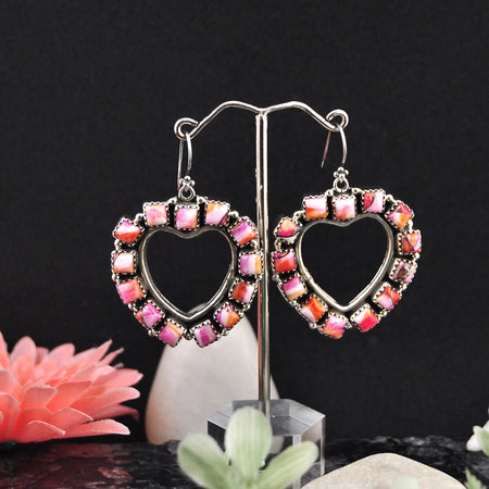 37.30cts Back Closed Spiny Oyster Arizona Turquoise heart Dangle Earrings 4520