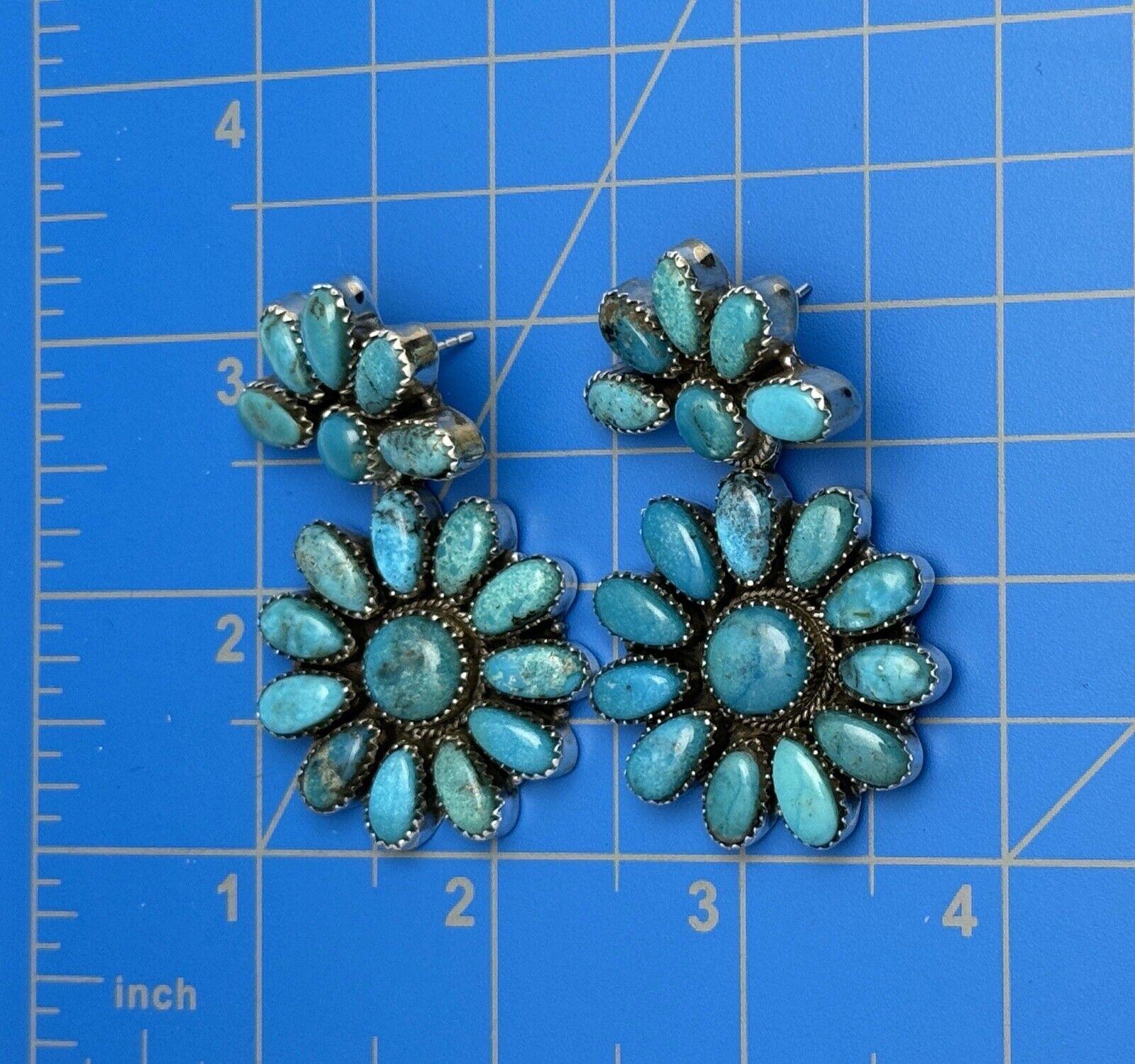 Statement Turquoise Dangle Flower Cluster Earrings 925 Sterling Silver