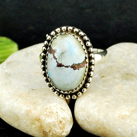 Silver 7.84cts Back Closed Golden Hills Turquoise Oval Ring Size 7 4467