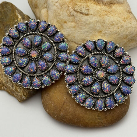 Purple/multicolor Aurora Opal Round Cluster Statement Earrings 925 Sterling