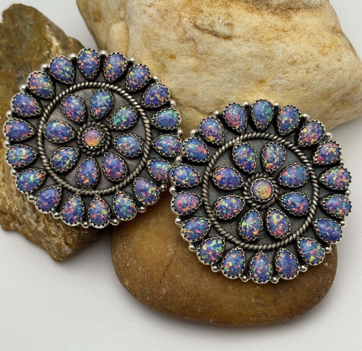 Purple/multicolor Aurora Opal Round Cluster Statement Earrings 925 Sterling