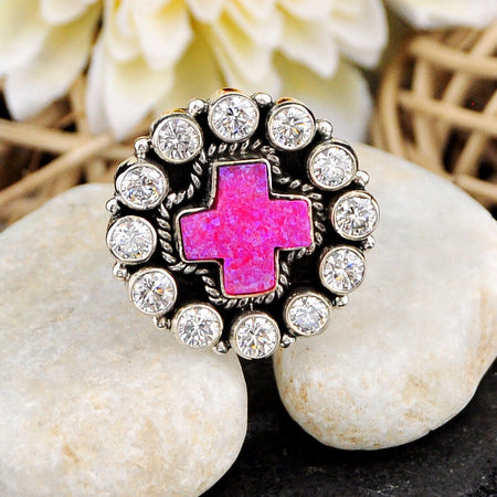 925 Silver 11.19cts Back Closed Hot Pink Opal Crystal Cross Ring Size 5.5 4683