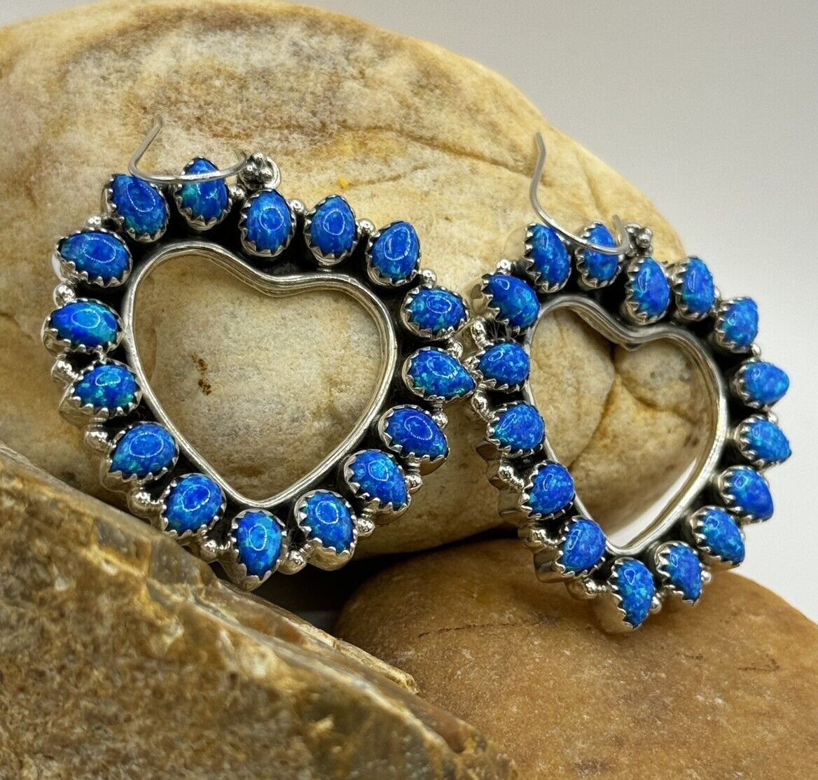 Blue Aurora Opal Open Heart Circle Dangle Earrings 925 Sterling