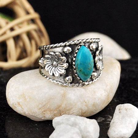 5.35cts Back Closed Green Turquoise Flower 925 Silver Ring Jewelry Size 7 4635