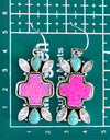 27.02cts Hot Pink Opal White Crystal Turquoise 925 Silver Cross Earrings 4641