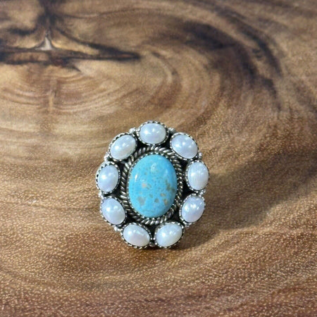 Turquoise And Pearl Flower Ring 925 Sterling Silver Adjustable
