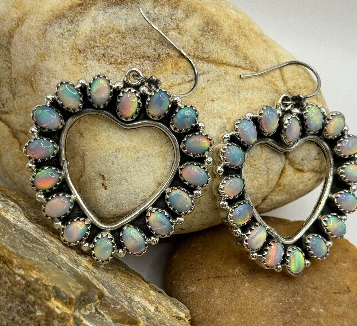 Light Multicolor Aurora Opal Open Heart Circle Dangle Earrings 925 Sterling