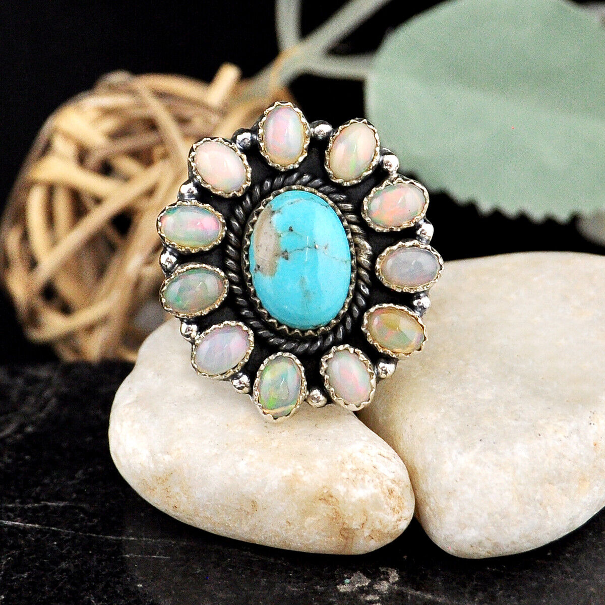 925 Silver 20.35cts Back Closed Blue Turquoise Ethiopian Opal Ring Size 7 4664