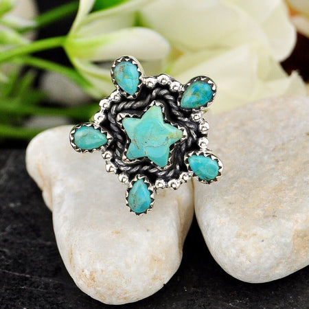 8.82cts Back Closed Green Turquoise 925 Sterling Silver Star Ring Size 7.5 4801