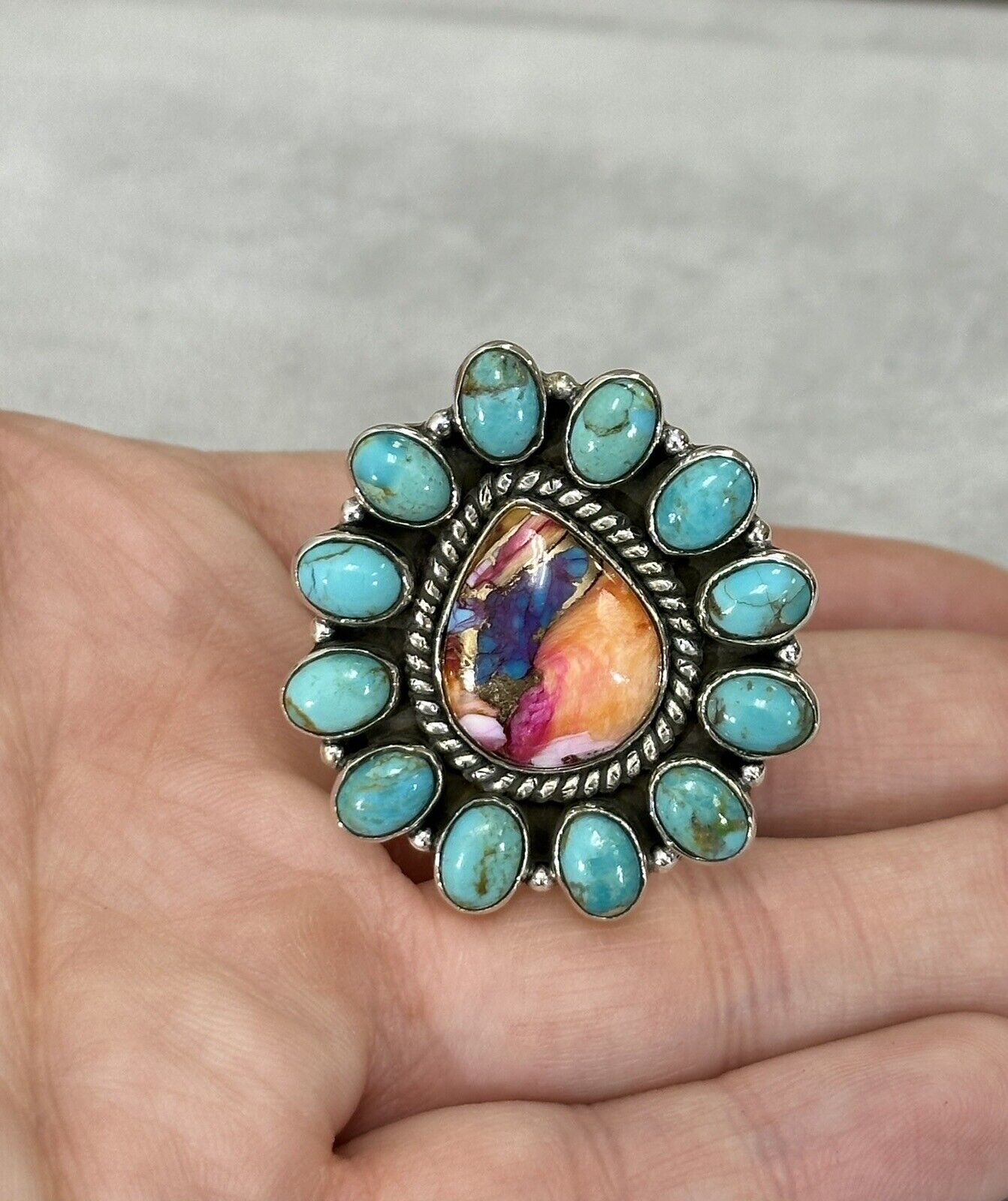 Spiny Oyster And Turquoise Teardrop Shape Ring 925 Sterling Silver Adjustable