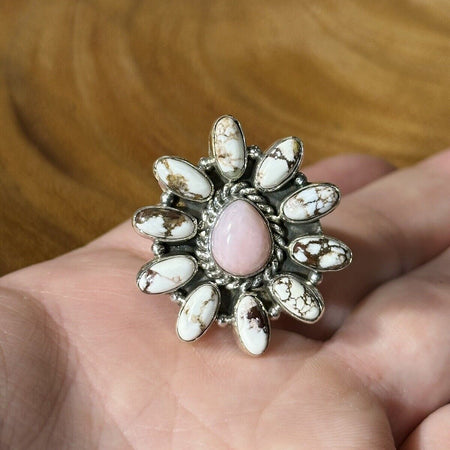 Wild Horse And Pink Opal Flower Ring 925 Sterling Silver Adjustable