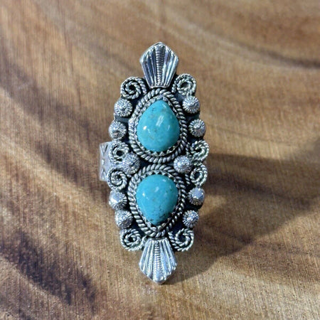 Double Turquoise Adjustable Sterling Silver Ring