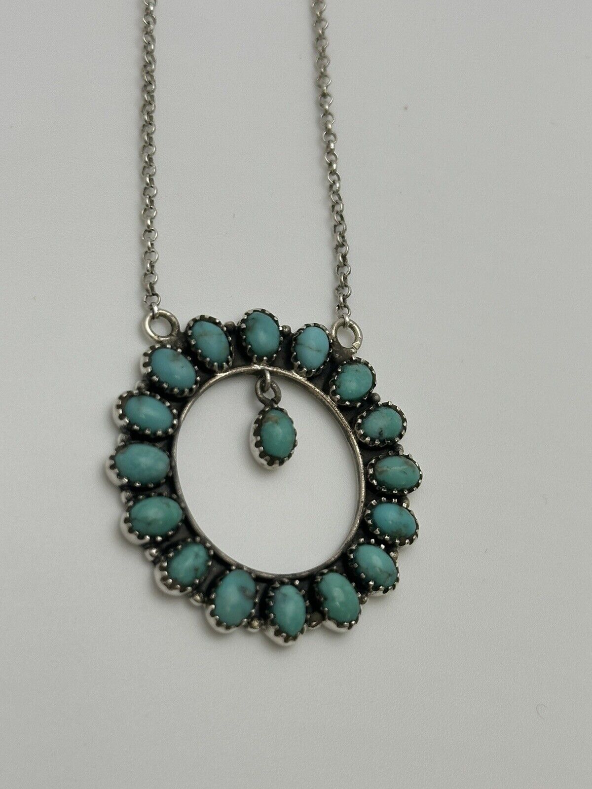 Turquoise Open Circle Necklace 925 Sterling Silver 15-17”