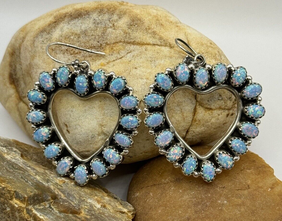 Light Blue Aurora Opal Open Heart Circle Dangle Earrings 925 Sterling