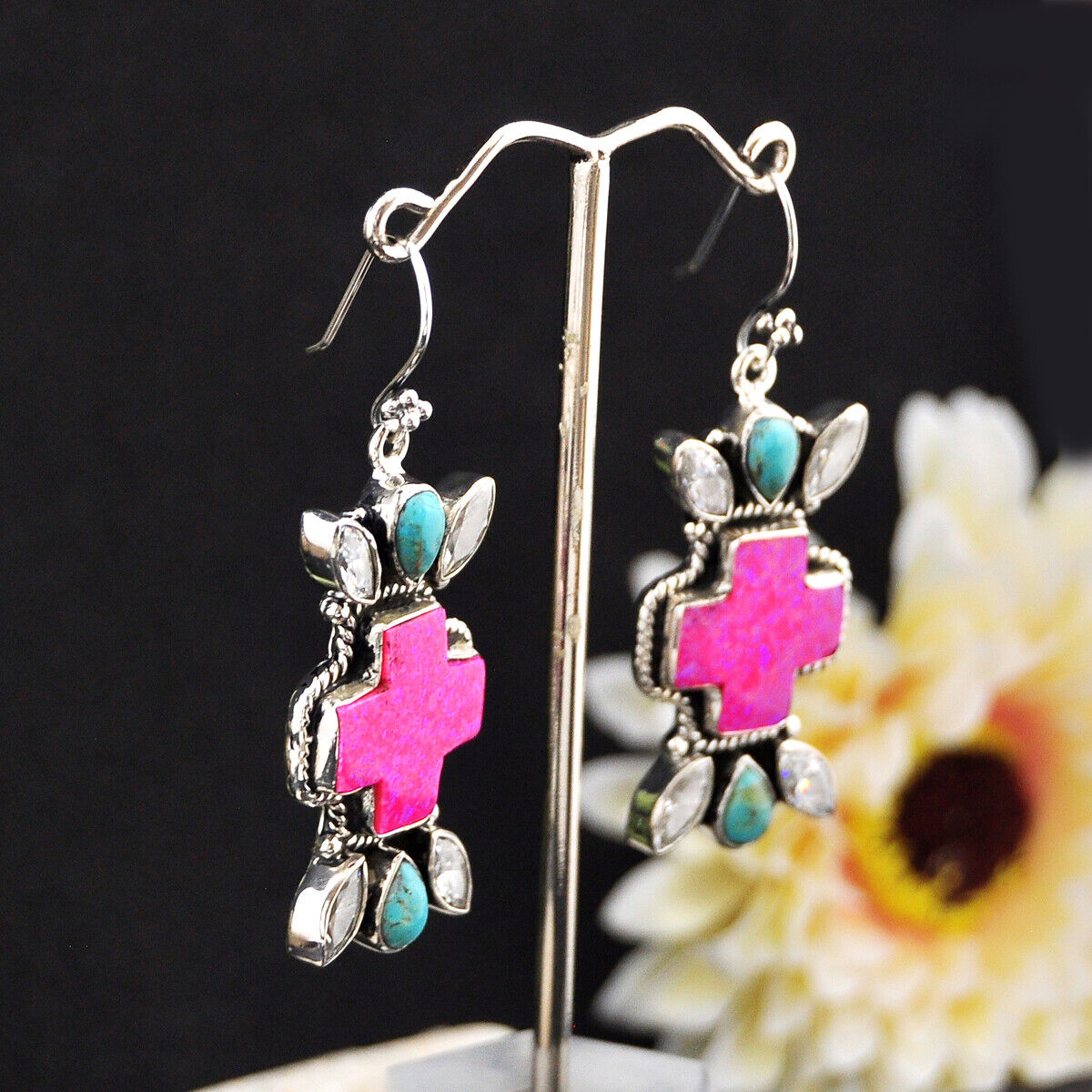 28.58cts Hot Pink Opal White Crystal Turquoise 925 Silver Cross Earrings 4647