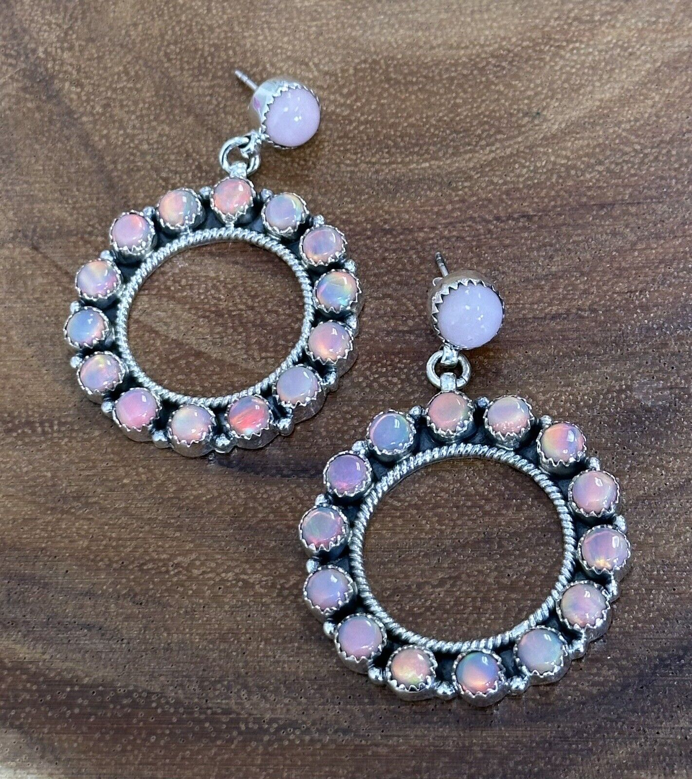 Statement Aurora Opal And Pink Opal  Earrings 925 Sterling Silver Drop Hoops