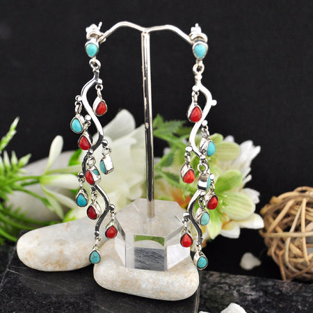 14.94cts Back Closed Blue Turquoise Red Coral 925 Silver Dangle Earrings 4820