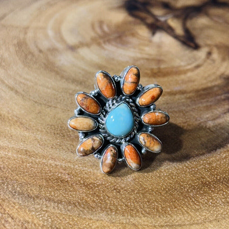 Orange Mojave And Kingman Turquoise Flower Ring Adjustable Sterling Silver 925