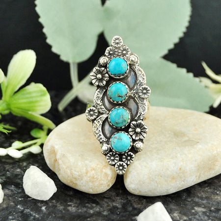 925 Silver 4.29cts 4 stone  Kingman Turquoise Adjustable Ring Size 7.5 4404