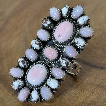 Statement Ring Wild horse, Pink Opal, And Pink Conch Adjustable 925 Sterling