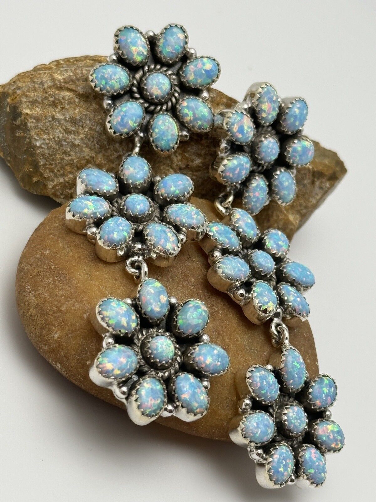 Light Blue Aurora Opal Flower Cluster Statement Earrings 925 Sterling Silver