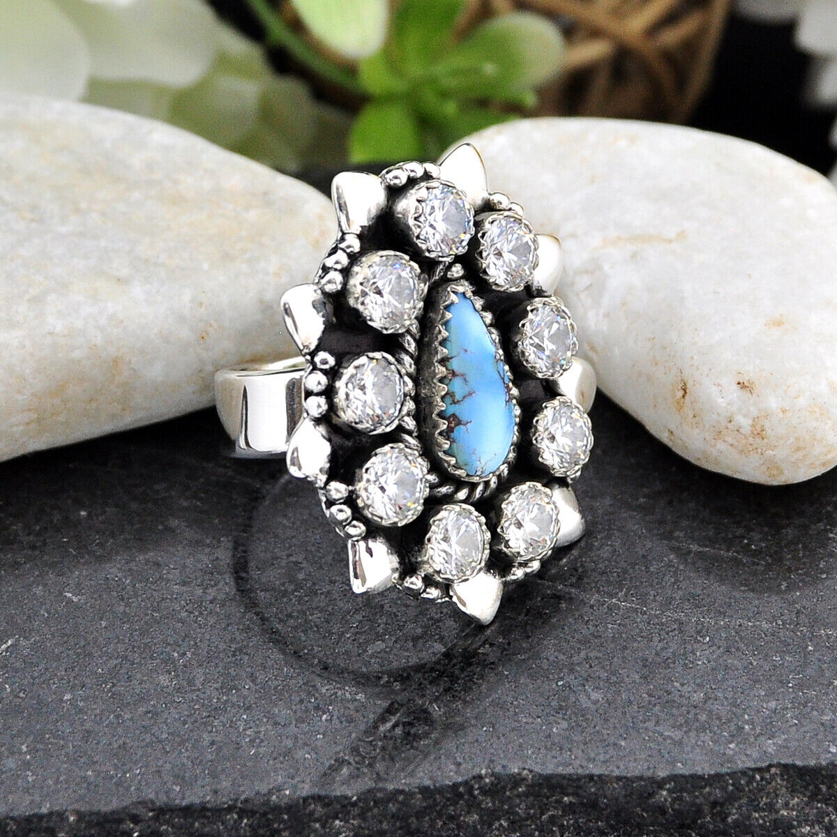 925 Silver 12.50cts Golden Hills Turquoise Crystal Adjustable Ring Size 7 4854