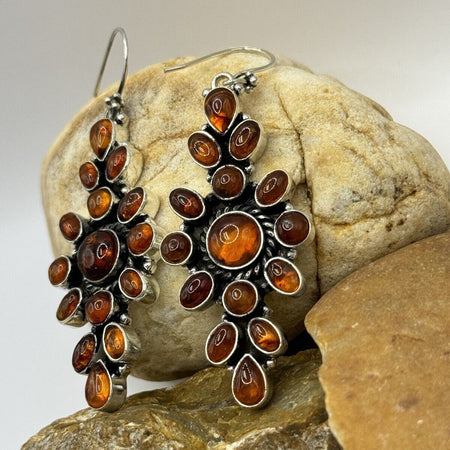 Large Amber Dangle Earrings 925 Sterling Silver Closed Back