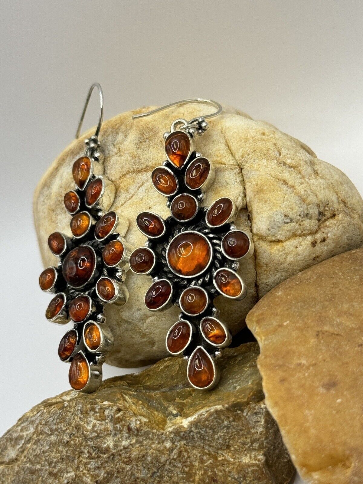Large Amber Dangle Earrings 925 Sterling Silver Closed Back