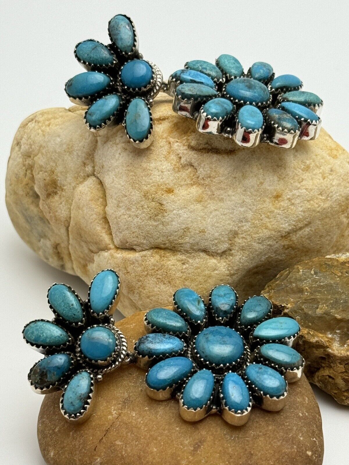 Statement Turquoise Dangle Flower Cluster Earrings 925 Sterling Silver