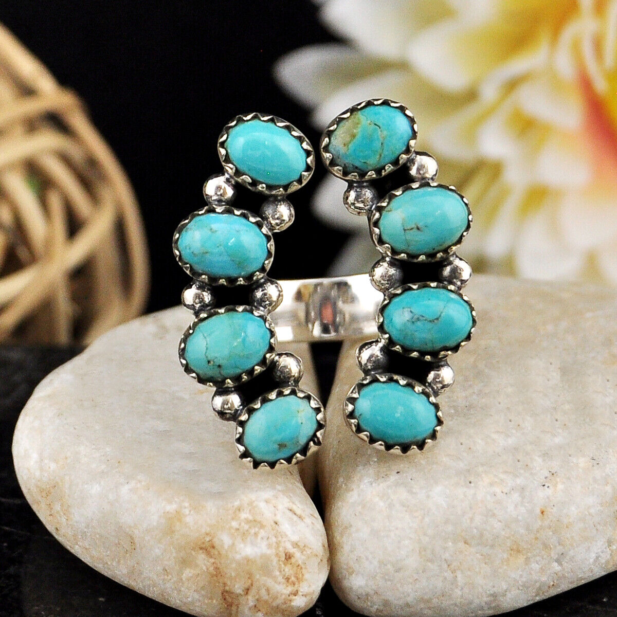 925 Silver 10.48cts  Blue Turquoise Oval Shape  cluster floater Ring Size 7 4640