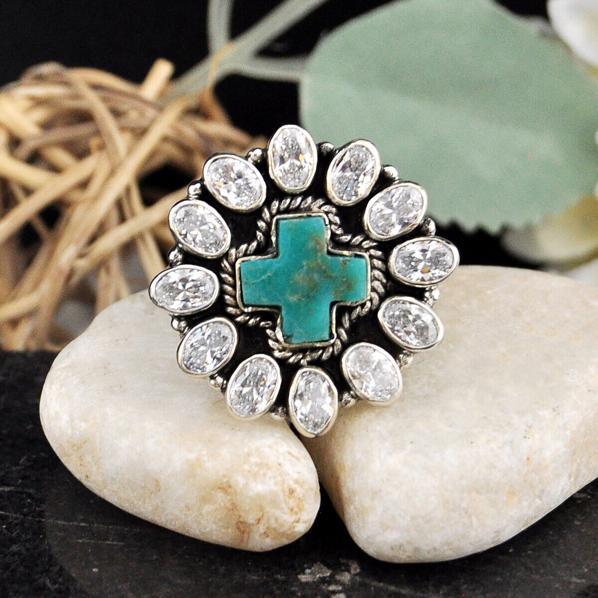 17.54cts Blue Turquoise Crystal 925 Silver Cross Ring Jewelry Size 6.5 4663
