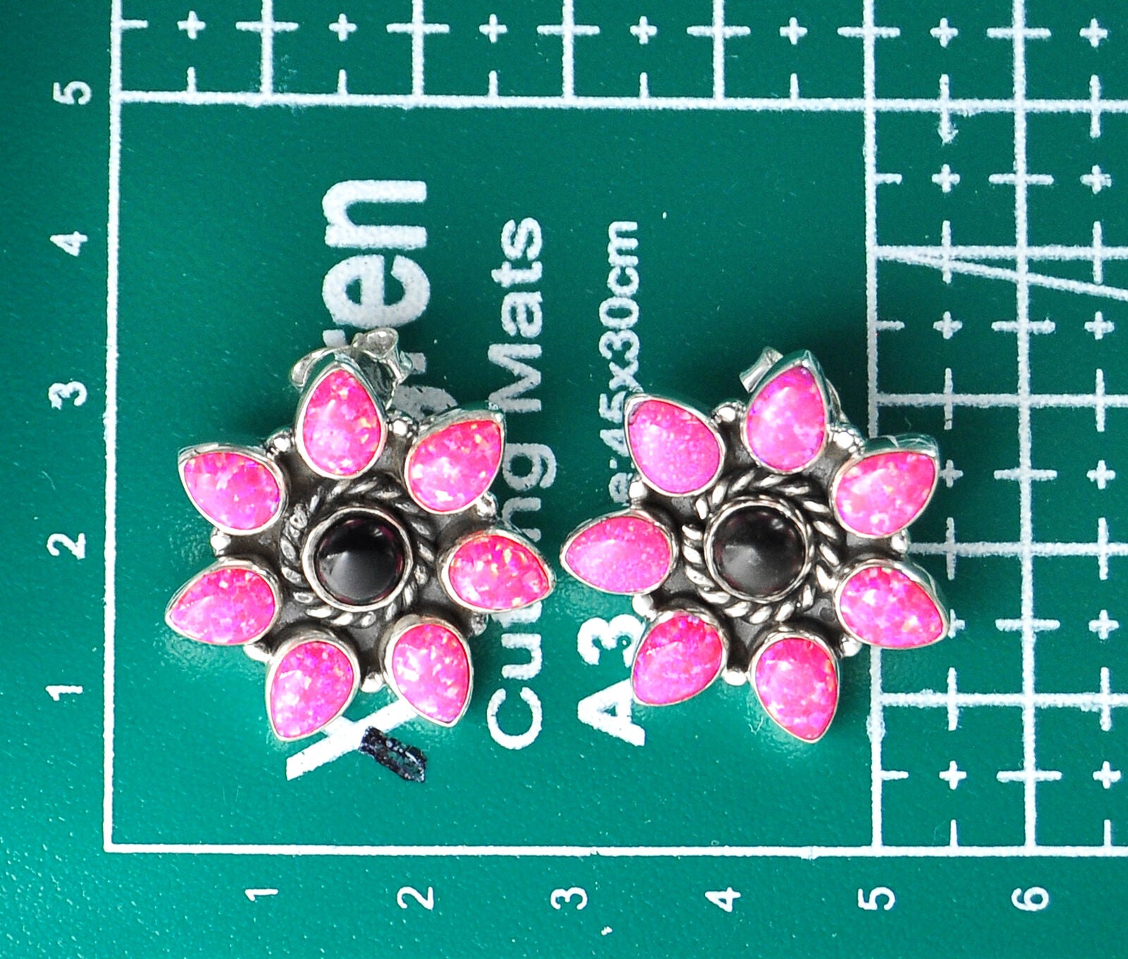 13.94cts Onyx pink Australian Opal (lab) 925 Silver cluster  Earrings 4484