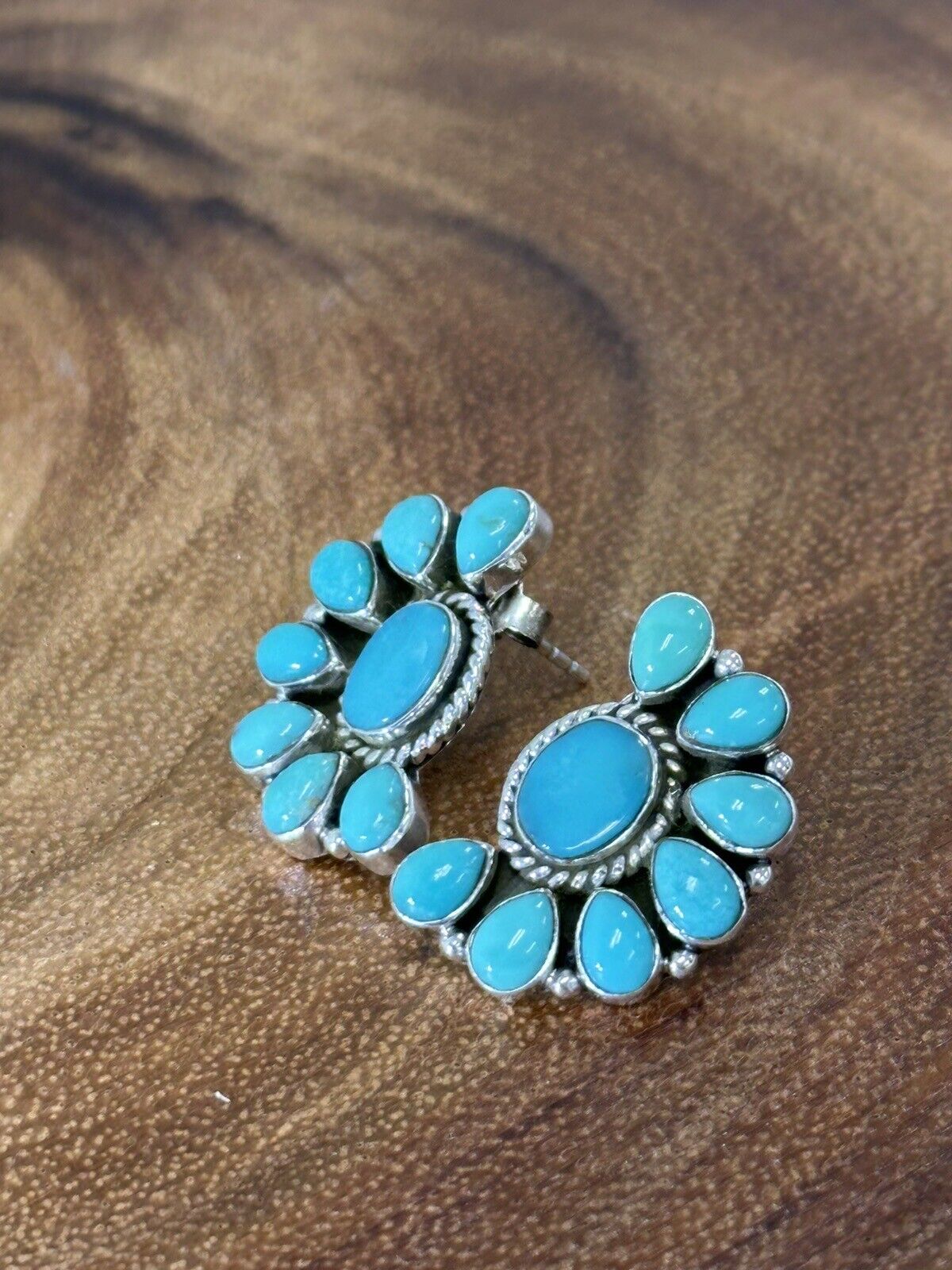 Turquoise Half Flower Earrings 925 Sterling Silver Closed Backs