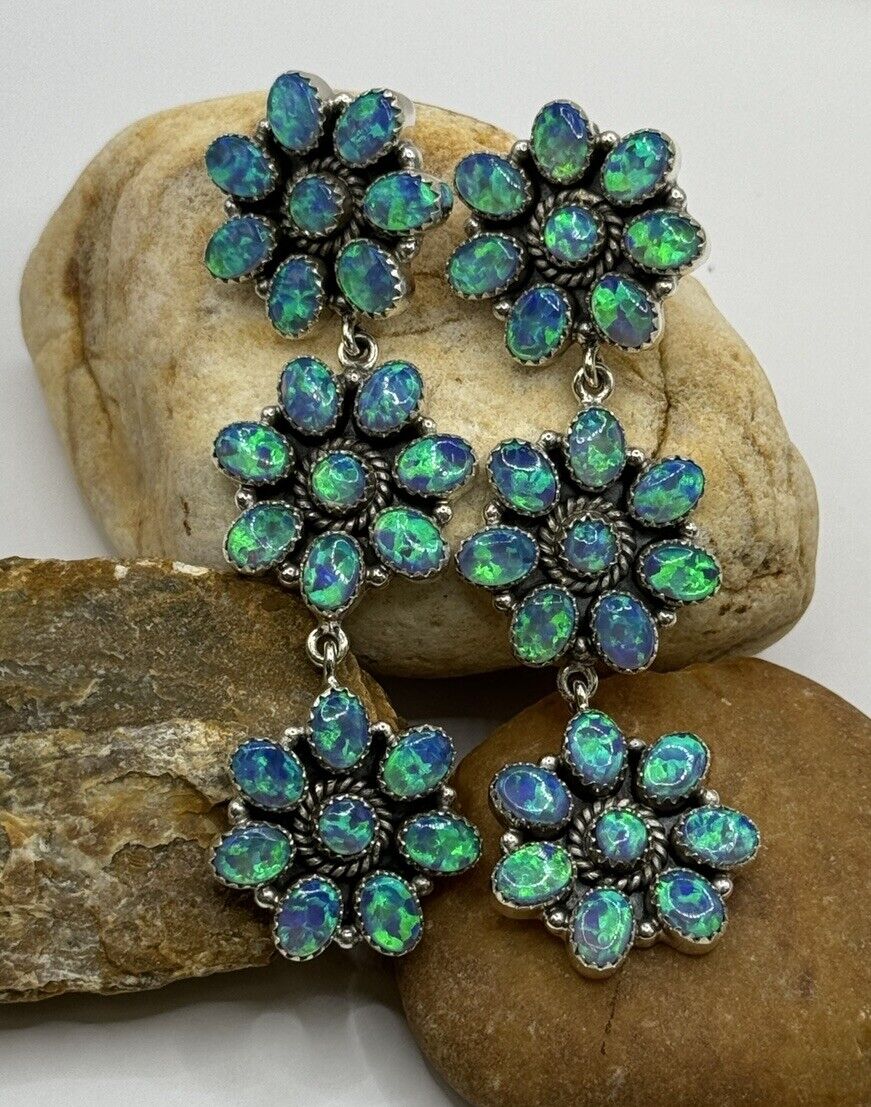 Statement Blue Aurora Opal Flower Cluster Dangle Earrings 925 Sterling Silver