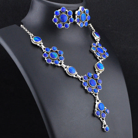 925 36.00cts back closed volcano blue aurora opal necklace earrings set 4916