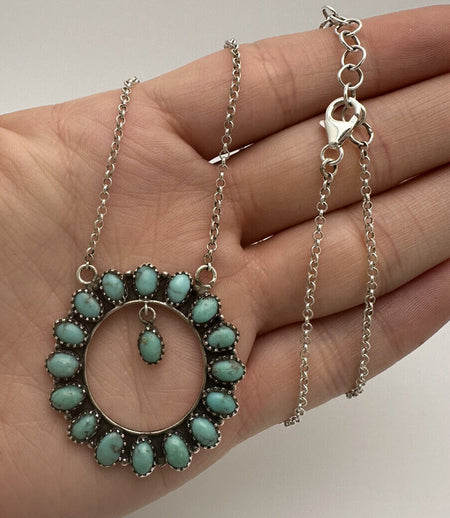 Turquoise Open Circle Necklace 925 Sterling Silver 15-17”