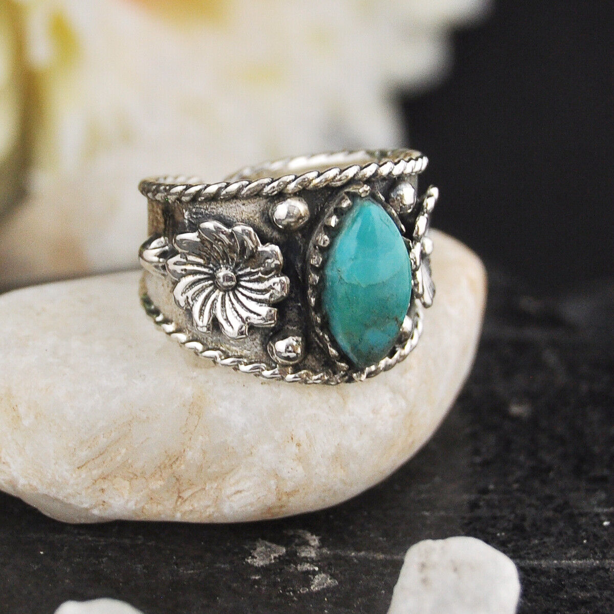 4.82cts Back Closed Green Turquoise Marquise 925 Silver Flower Ring Size 6 4637