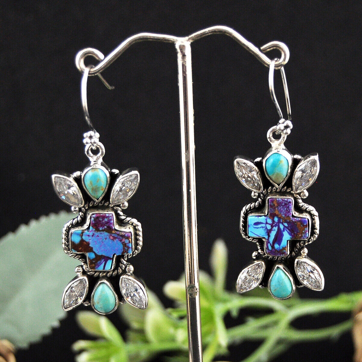 28.24cts purple Copper Turquoise Crystal Turquoise cross 925  Earrings 4629