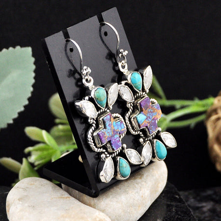 29.27cts Blue Turquoise Copper Turquoise Crystal 925 Silver Earrings 4626