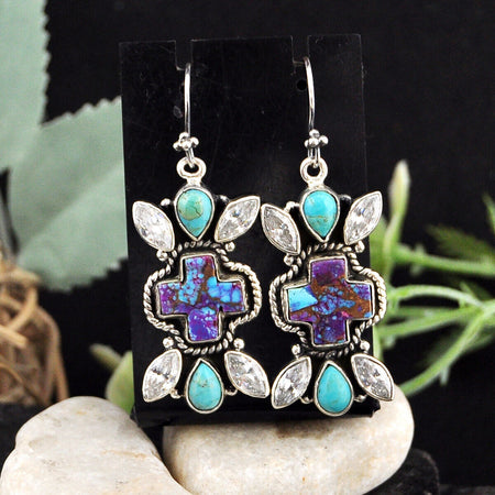 29.27cts Blue Turquoise Copper Turquoise Crystal 925 Silver Earrings 4626