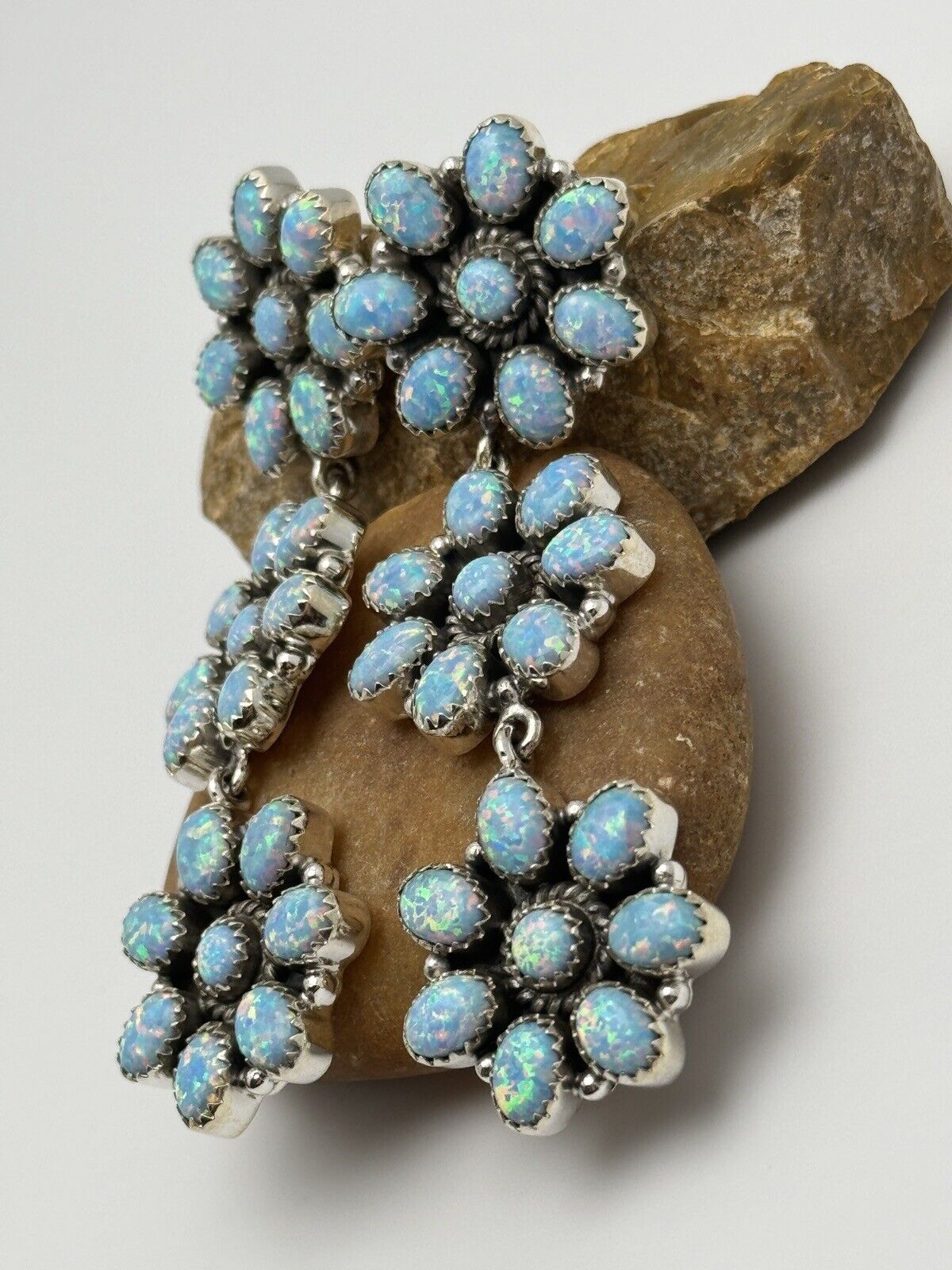 Light Blue Aurora Opal Flower Cluster Statement Earrings 925 Sterling Silver