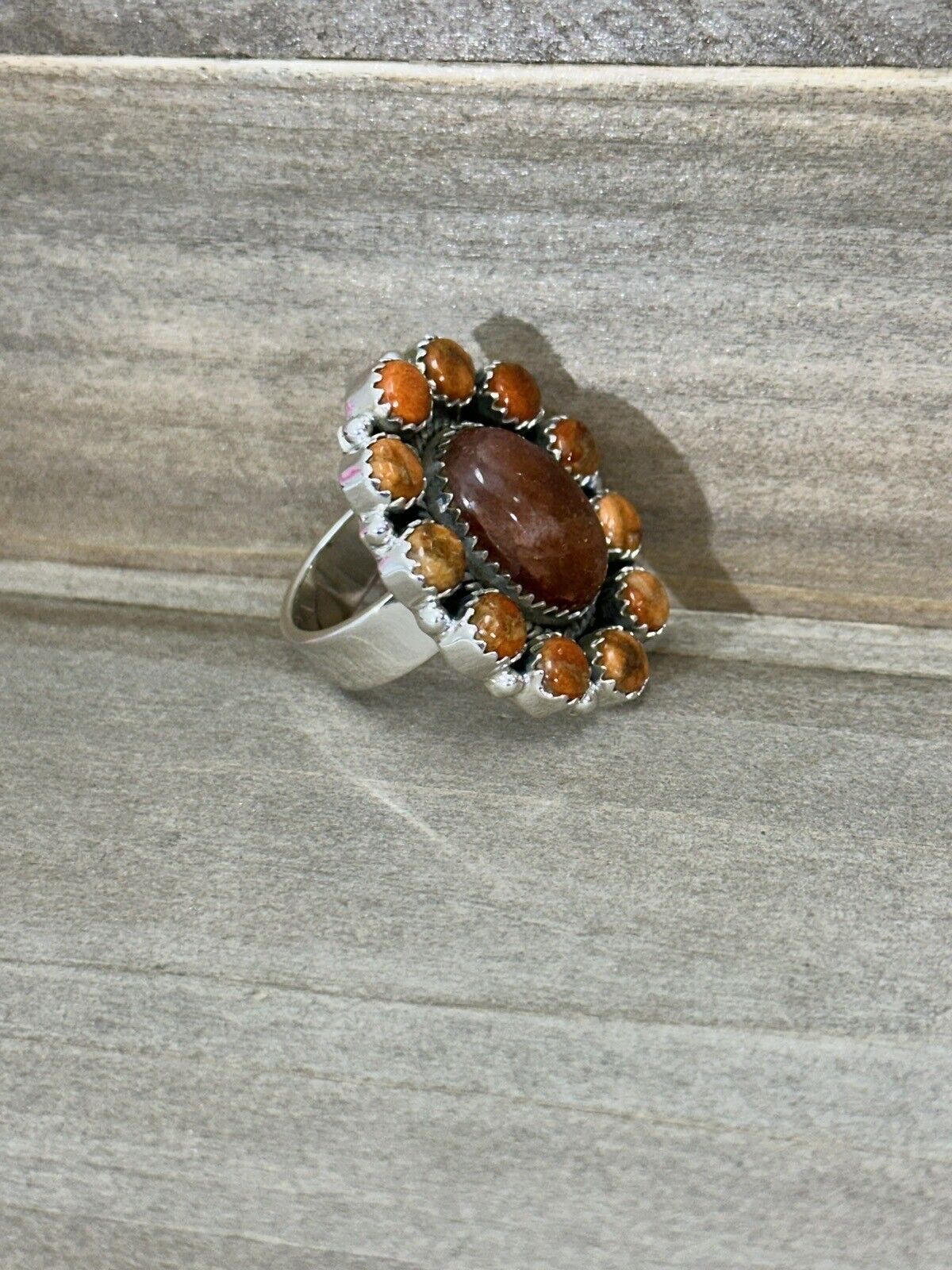 Sunstone And Orange Mojave Turquoise Statement Ring Adjustable 925 Sterling
