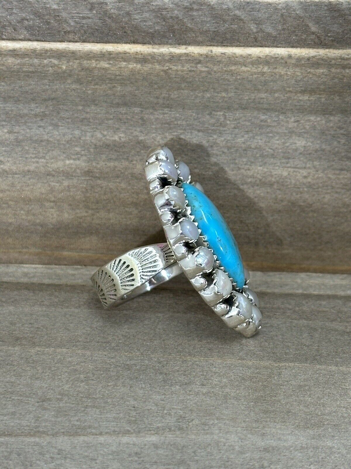 Statement Cluster Ring Turquoise And Pearl Adjustable 925 Sterling Silver