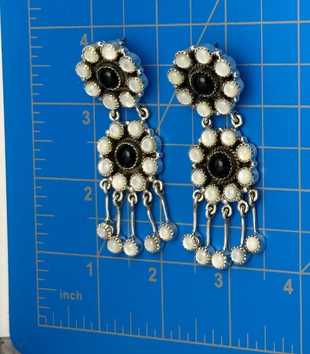 STATEMENT Mother Of Pearl And Black Onyx Cluster Dangle Earrings 925 Sterling