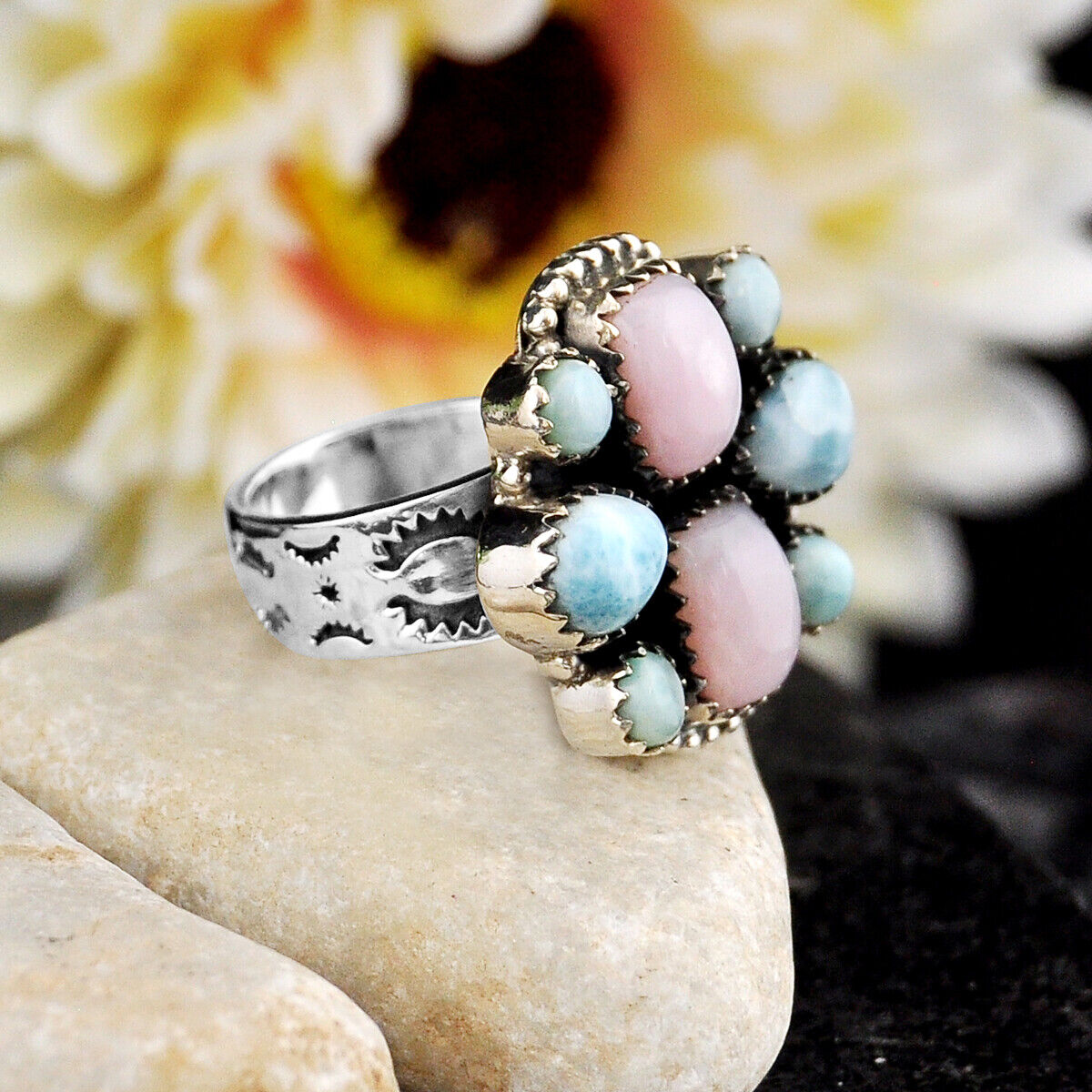 925 Silver 10.67cts Back Closed Natural Pink Opal Larimar Ring Size 8 4638