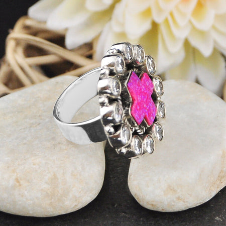 925 Silver 11.19cts Back Closed Hot Pink Opal Crystal Cross Ring Size 5.5 4683