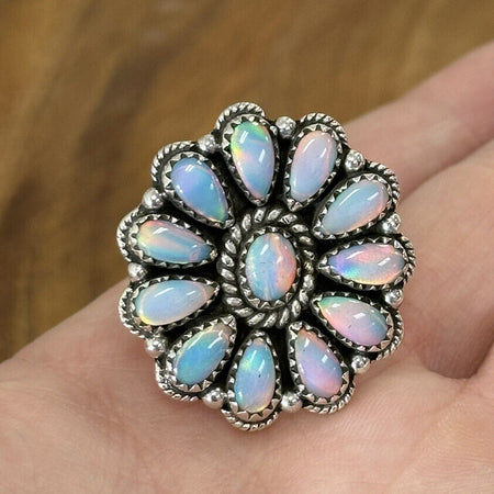 Aurora Opal Flower Statement Ring Adjustable 925 Sterling Silver